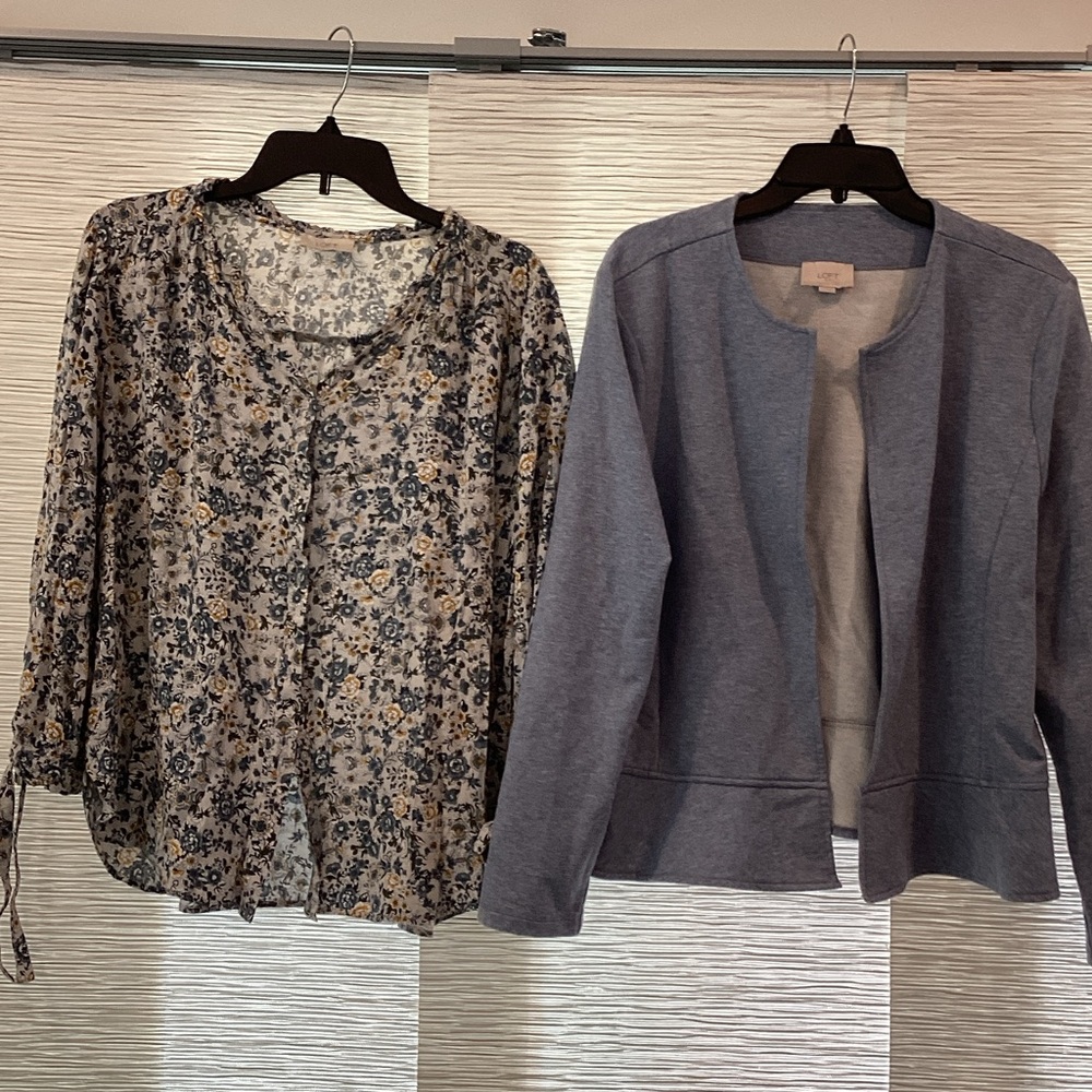 LOFT Blue Blazer and Floral Blouse Set